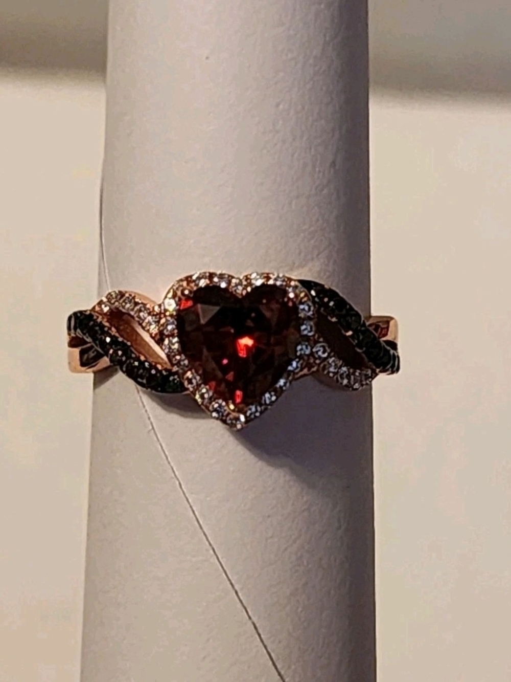 Heart-Shaped Red Garnet Ring with Rose Gold Twisted Halo